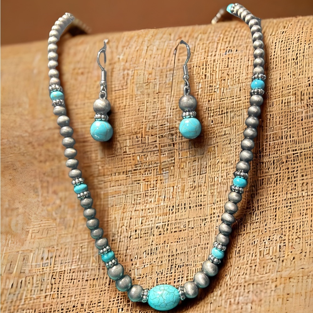 Turquoise and Silver Beaded Necklace and Earring Set